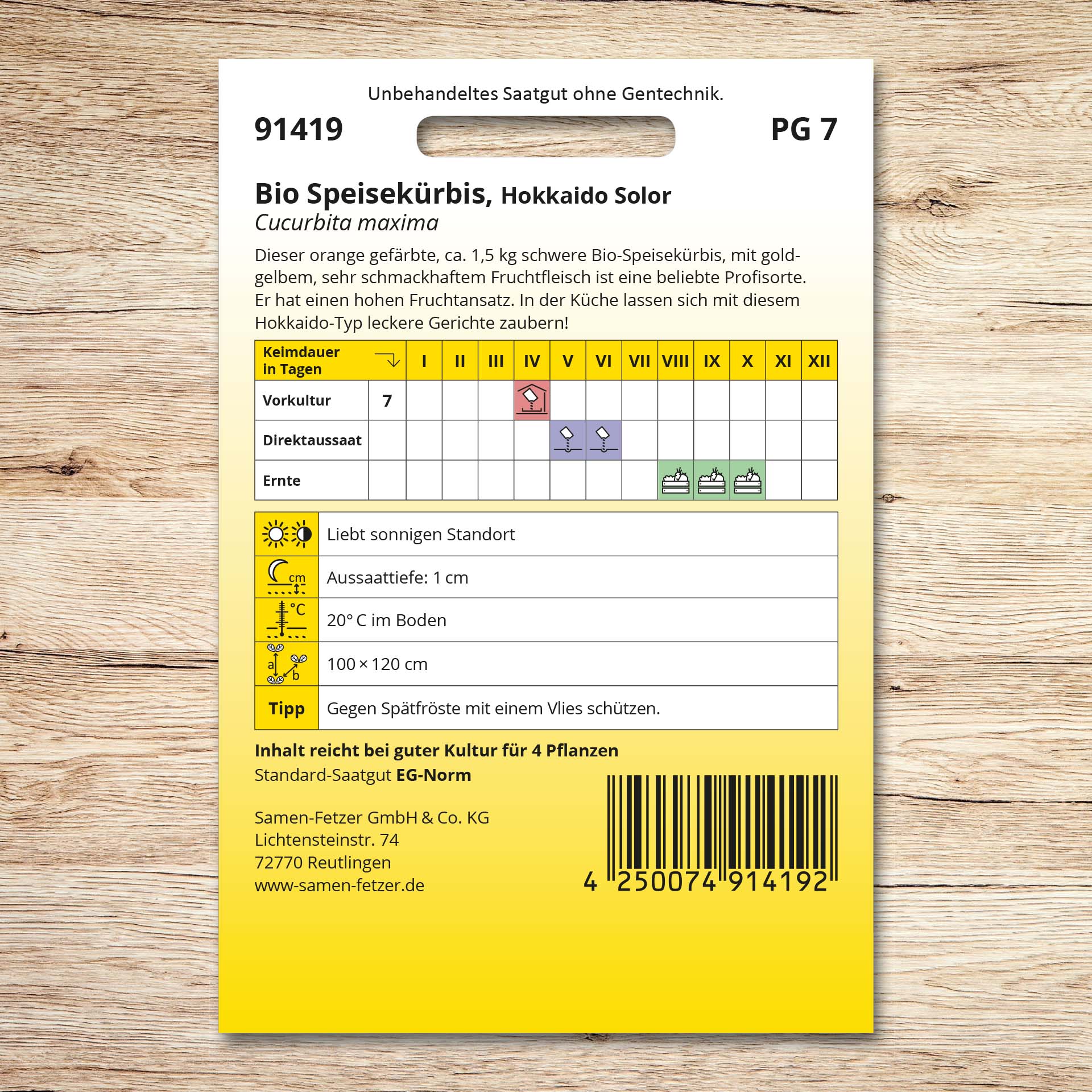 Rückseite der Samen-Fetzer Saatgutpackung für Kürbis Hokkaido Bio Solor mit Aussaat- und Erntekalender, Bio-Speisekürbis ca. 1,5 kg mit aromatischem goldgelbem Fruchtfleisch