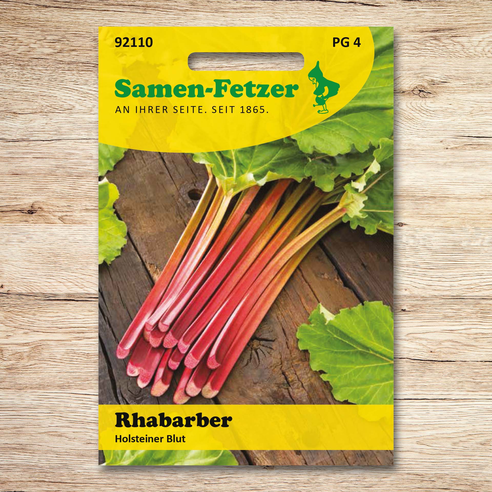 Saatgut Rhabarber Holsteiner Blut von Samen-Fetzer, rotstielige ertragreiche Sorte mit mildem Geschmack, ideal für Kompott und Kuchenbelag.