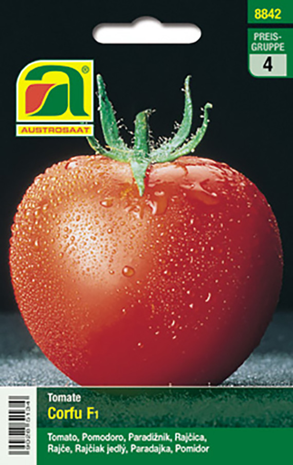 Samenpäckchen von Austrosaat: Tomatensorte Corfu F1, Vorderseite zeigt große rote Tomate mit Wassertröpfchen