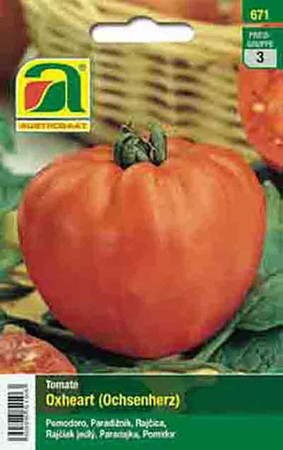 Saatgut-Packung für Tomate 'Oxheart (Ochsenherz)' mit Bild einer großen, herzförmigen roten Fleischtomate auf grünem Hintergrund und Markenlogo oben links.