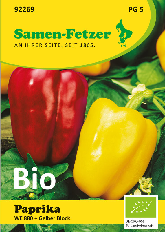 Packung Samen-Fetzer Bio-Paprika (WE 880 + Gelber Block) auf grünem Blatt-Hintergrund, zeigt eine rote und eine gelbe Paprika sowie Markenlogo und EU-Bio-Siegel