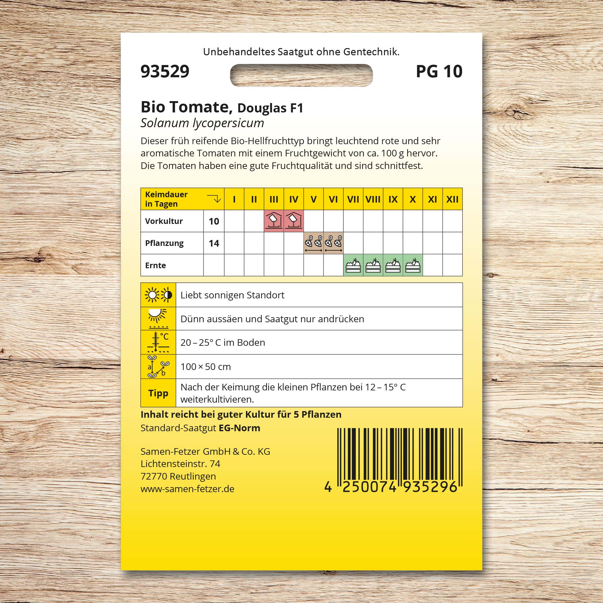Rückseite der Saatgutpackung Bio Tomaten Douglas F1 von Samen-Fetzer mit Aussaatkalender und Pflegehinweisen; frühreifende, leuchtend rote Bio-Tomate, aromatisch, ca. 100 g, schnittfest.