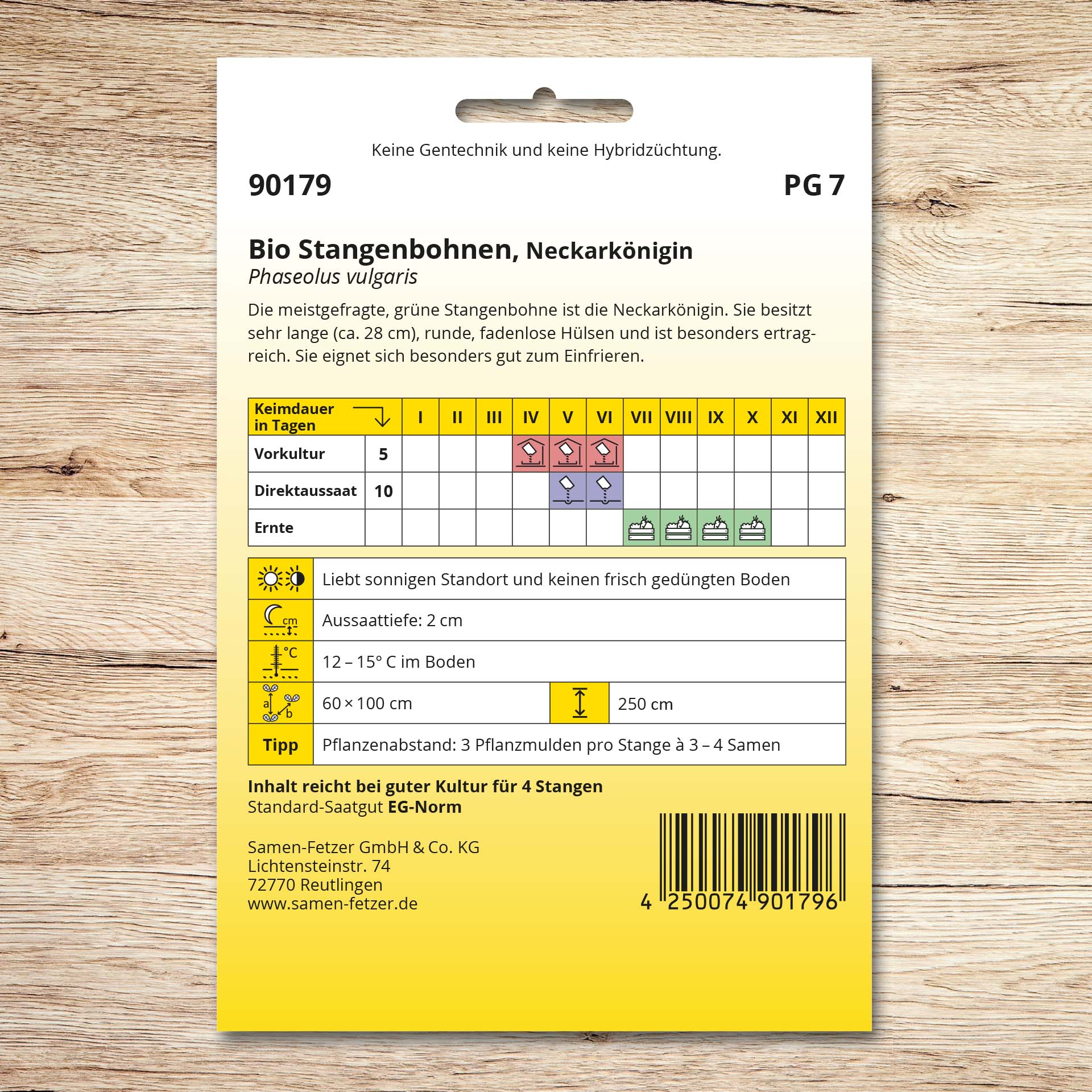 Rückseite der Samen-Fetzer Saatgutpackung Stangenbohnen Bio Neckarkönigin mit Aussaat- und Erntekalender, Anbauhinweisen sowie Infos zu langen, runden Hülsen und hoher Ertragskraft.