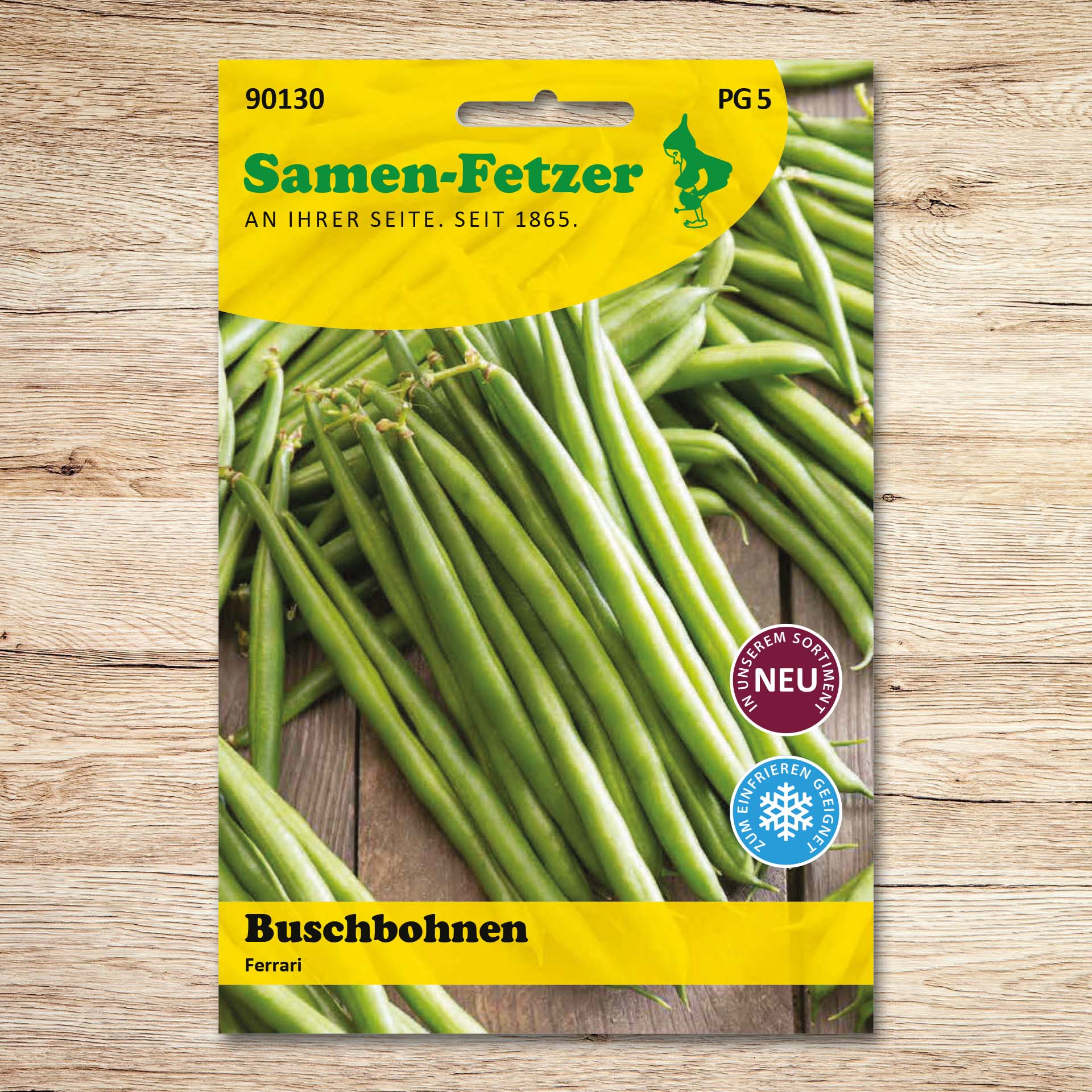 Samen-Fetzer Saatgut Buschbohnen Ferrari mit dunkelgrünen, feinen, fadenlosen Filetbohnen; resistente Bohnensorte gegen Bohnenmosaikvirus, Brenn- und Fettflecken.