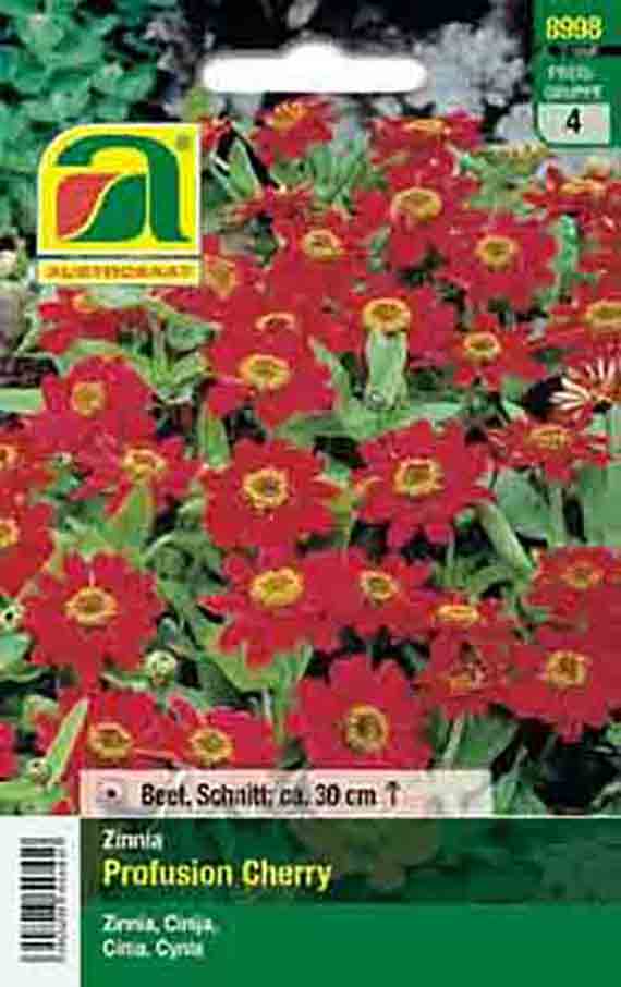 Samentüte Zinnie Profusion Cherry mit leuchtend roten Blüten und gelbem Zentrum, ideale kompakte Beet- und Schnittblume, Wuchshöhe ca. 30 cm