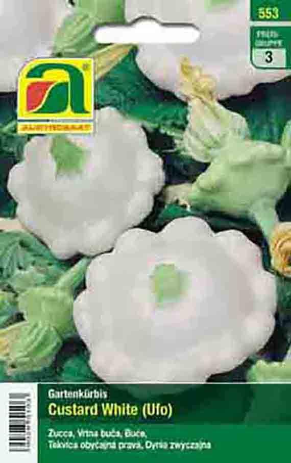 Saatgut-Verpackung für Gartenkürbis 'Custard White (Ufo)' mit Abbildung weißer, flacher UFO-förmiger Kürbisse und grünem Laub