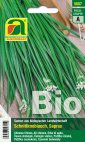 Verpackung von Bio-Schnittlauch-Saatgut mit Foto frischer grüner Schnittlauchhalme, Herstellerlogo oben links und hervorgehobener Bio-Kennzeichnung