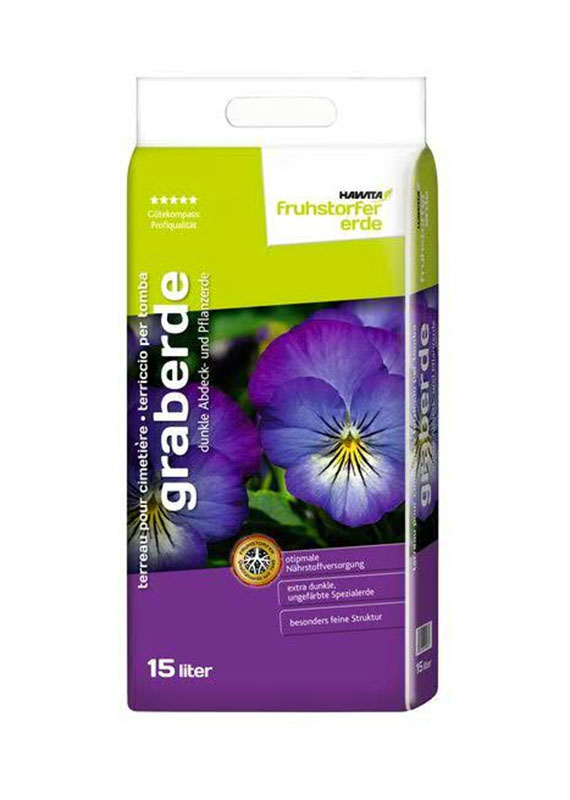 Packung Graberde 15 Liter (Frühstorfer Erde), dunkle Abdeck- und Pflanzenerde; lila-grüne Verpackung mit Stiefmütterchen-Motiv