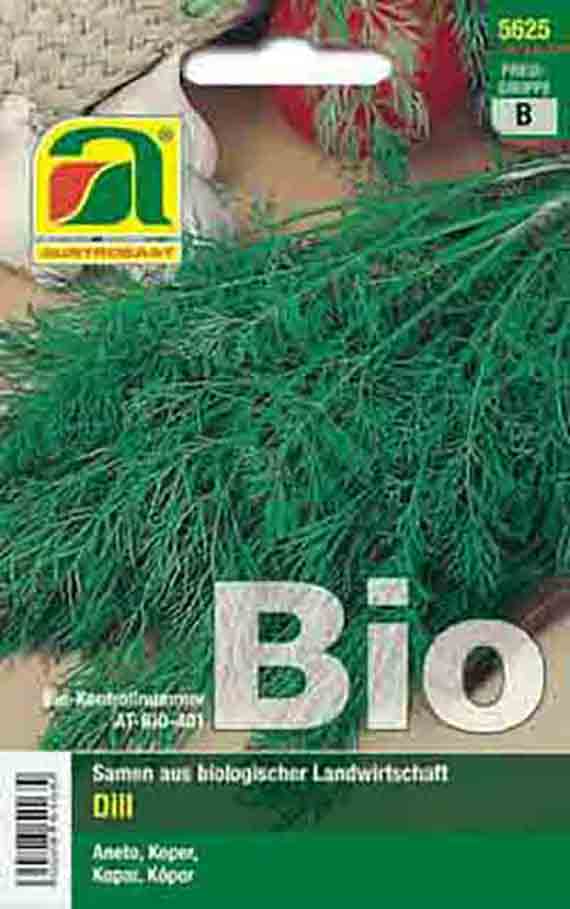 Packung mit Bio-Dill Saatgut, Abbildung grüner Dillzweige, Aufdruck 'Bio' und Hinweis 'Samen aus biologischer Landwirtschaft'