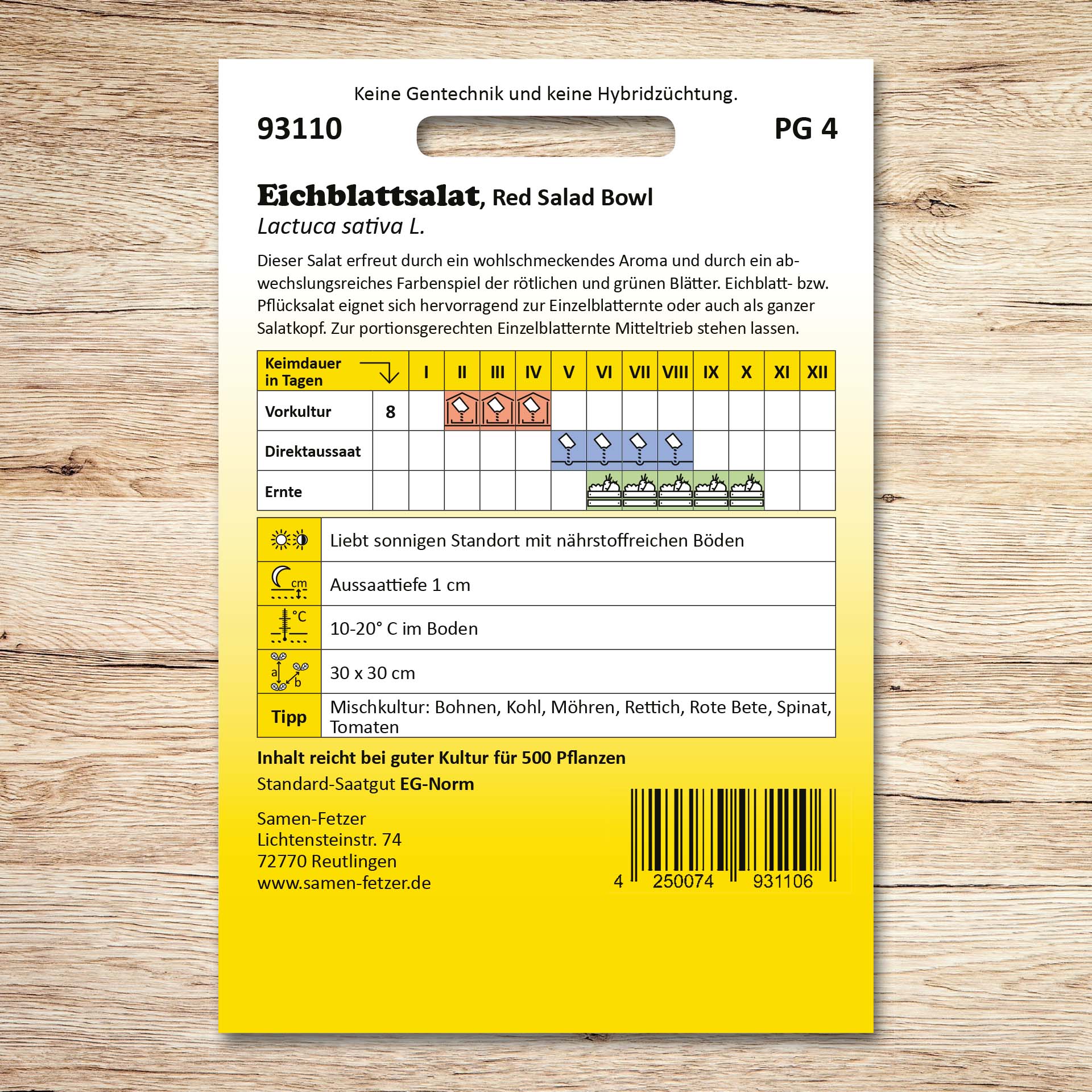 Rückseite der Samen-Fetzer-Saatgutpackung Eichblattsalat Red Salad Bowl mit Aussaat-, Pflege- und Erntehinweisen für den roten Pflücksalat mit rötlich-grünen Blättern.
