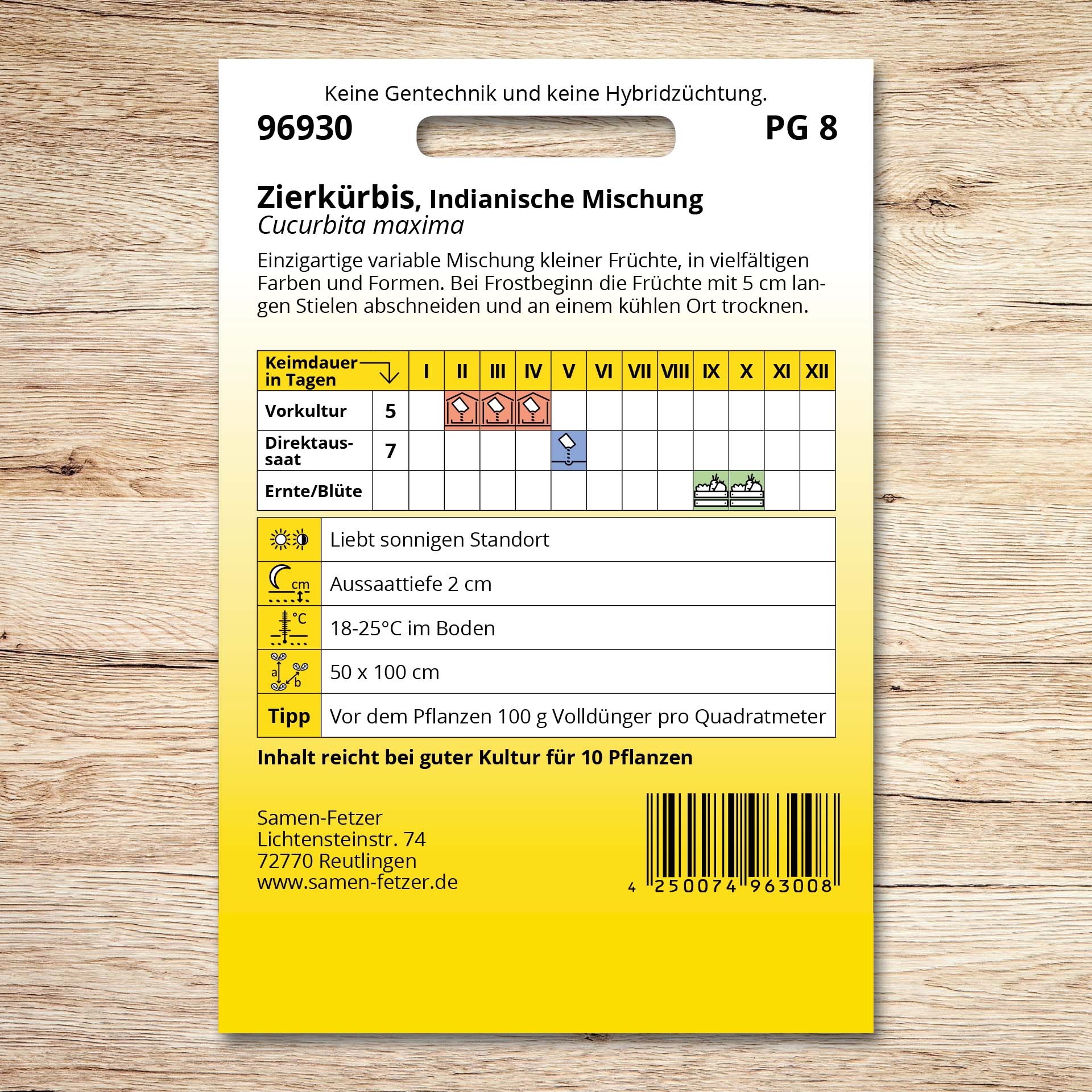 Rückseite der Samentüte Zierkürbis Indianische Mischung mit Aussaatkalender und Pflegehinweisen für kleine, vielfarbige Zierkürbisse in unterschiedlichen Formen