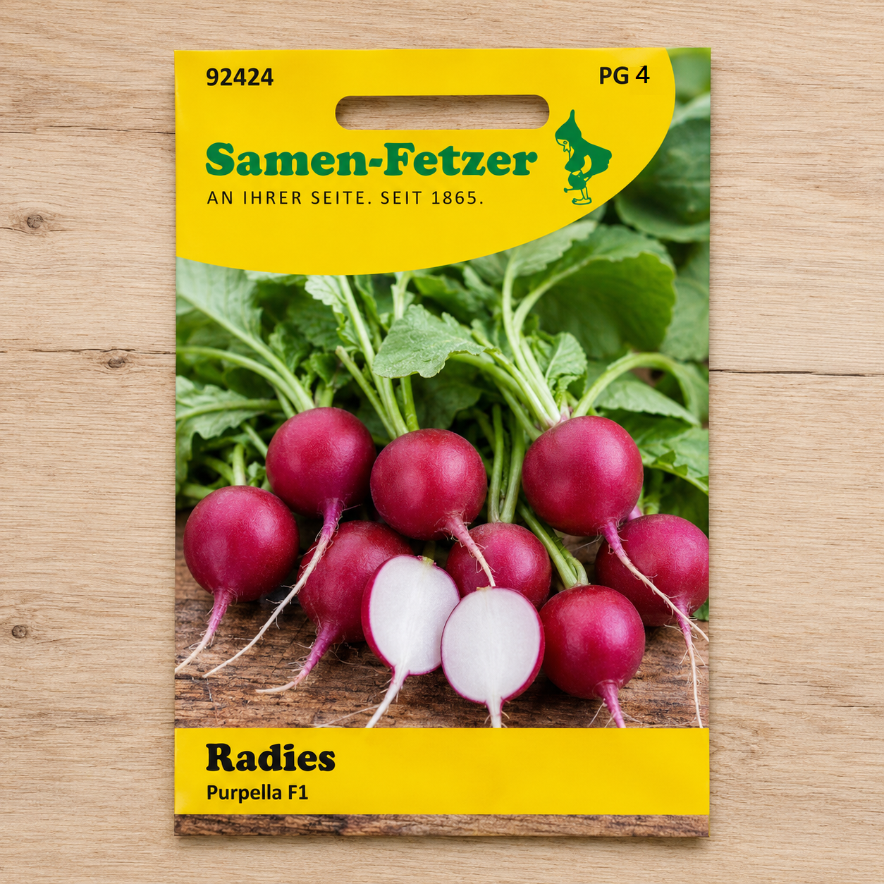 Saatgutverpackung mit Radieschen Purpella F1 für das Samen-Sortiment Fetzers Hochbeet Sommer Set, ideal für frische Sommeraussaat und knackige Ernte im Hochbeet.