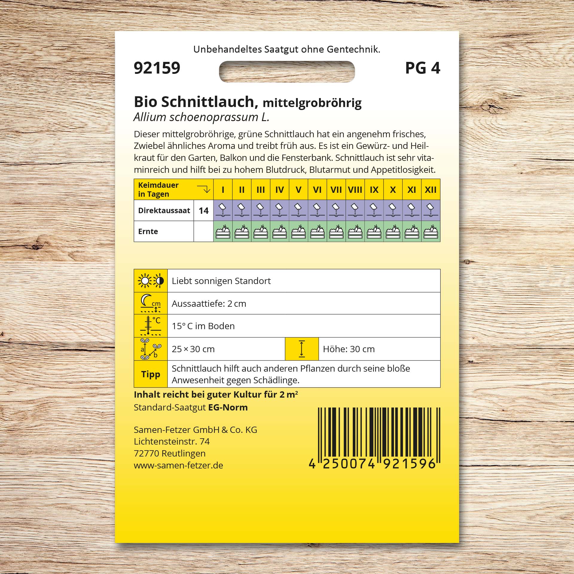 Rückseite der Saatgutpackung Schnittlauch (Bio) mittelgrobröhrig von Samen-Fetzer mit Infos zu Aussaat, Ernte, Standort und Pflanzabstand