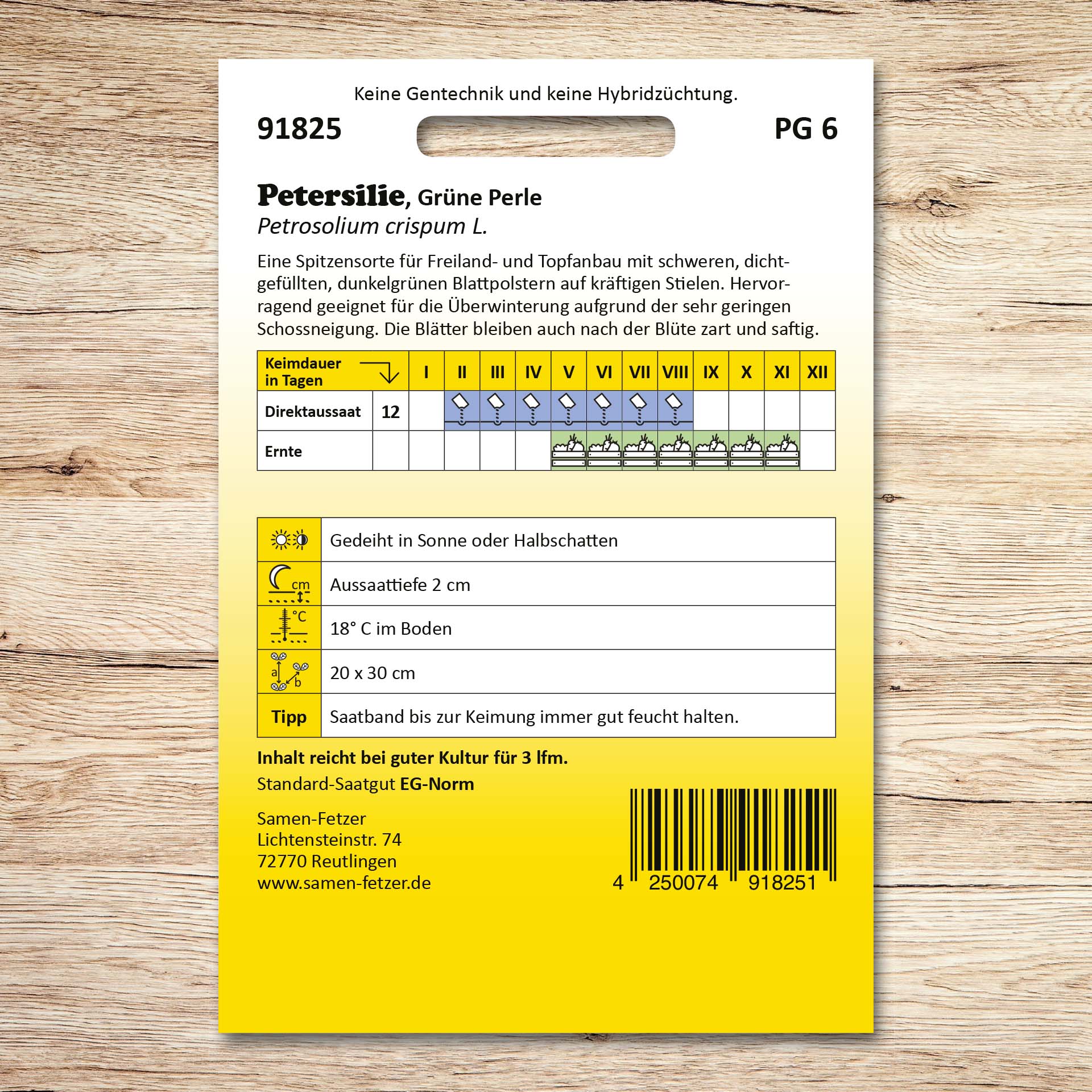 Rückseite der Saatband-Packung Petersilie Grüne Perle von Samen-Fetzer mit Aussaatkalender, Erntezeit, Keimdauer und Pflegetipps für Freiland- und Topfanbau