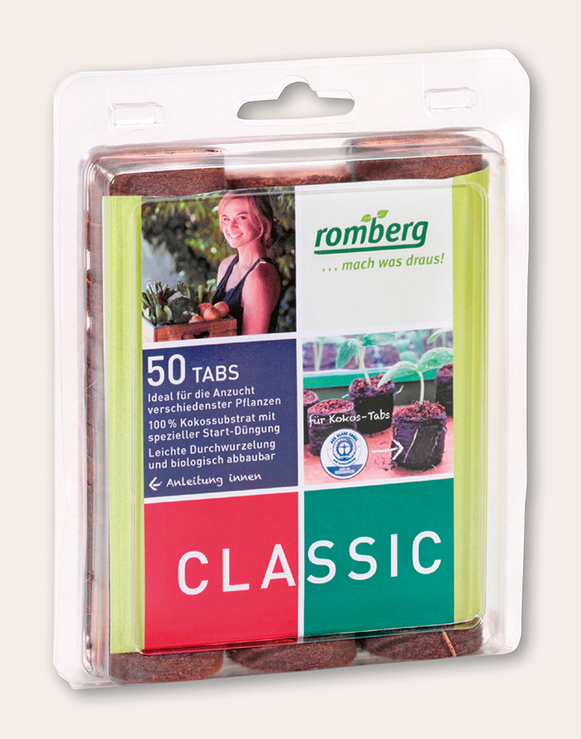 Verpackte Romberg Classic 50 Tabs: Blister mit Kokos-Anzucht-Substrat, Label zeigt eine Frau, Setzlinge und Produktinfos; Schriftzug 'CLASSIC' und '50 TABS' deutlich sichtbar