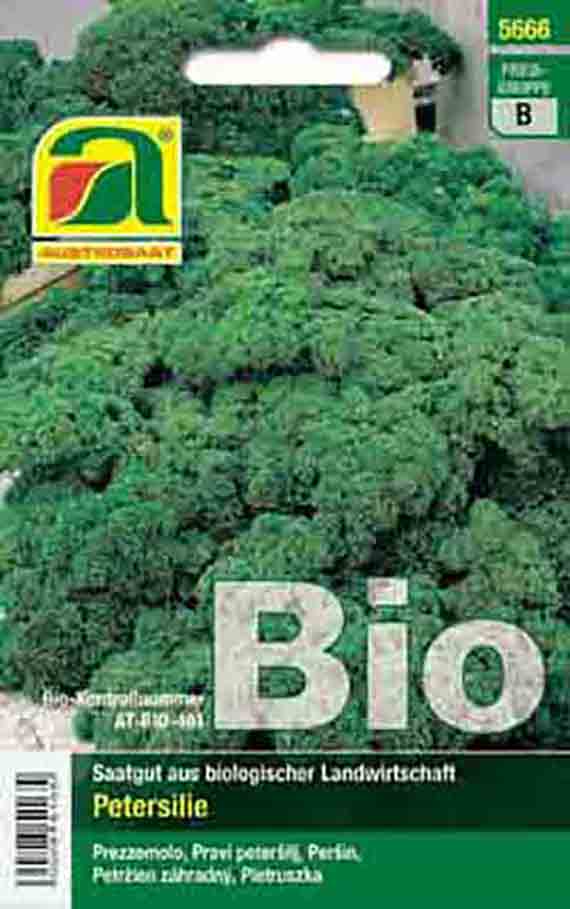 Packung Bio-Petersilie-Samen mit Bild von frischer grüner Petersilie und Herstellerlogo; Saatgut aus biologischer Landwirtschaft
