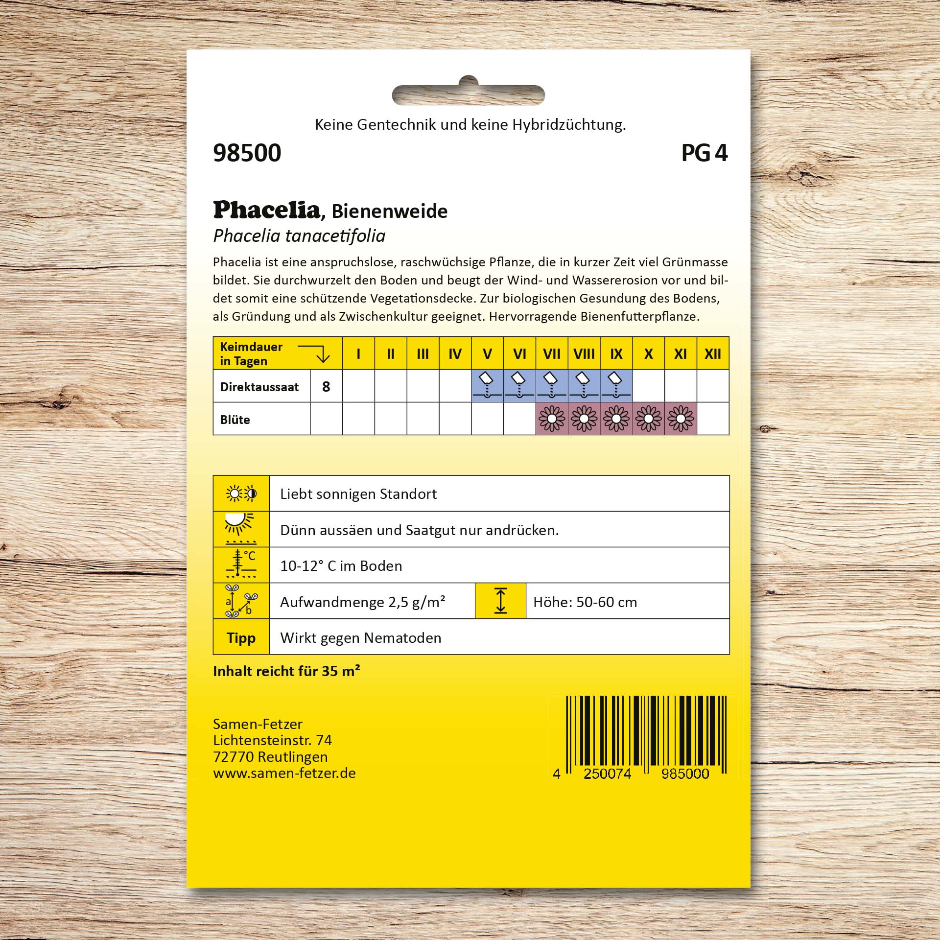 Rückseite der Samen-Fetzer Saatgutpackung Phacelia Bienenweide mit Aussaat- und Blühkalender, geeignet für Gründüngung, Zwischenkultur und Bodenverbesserung