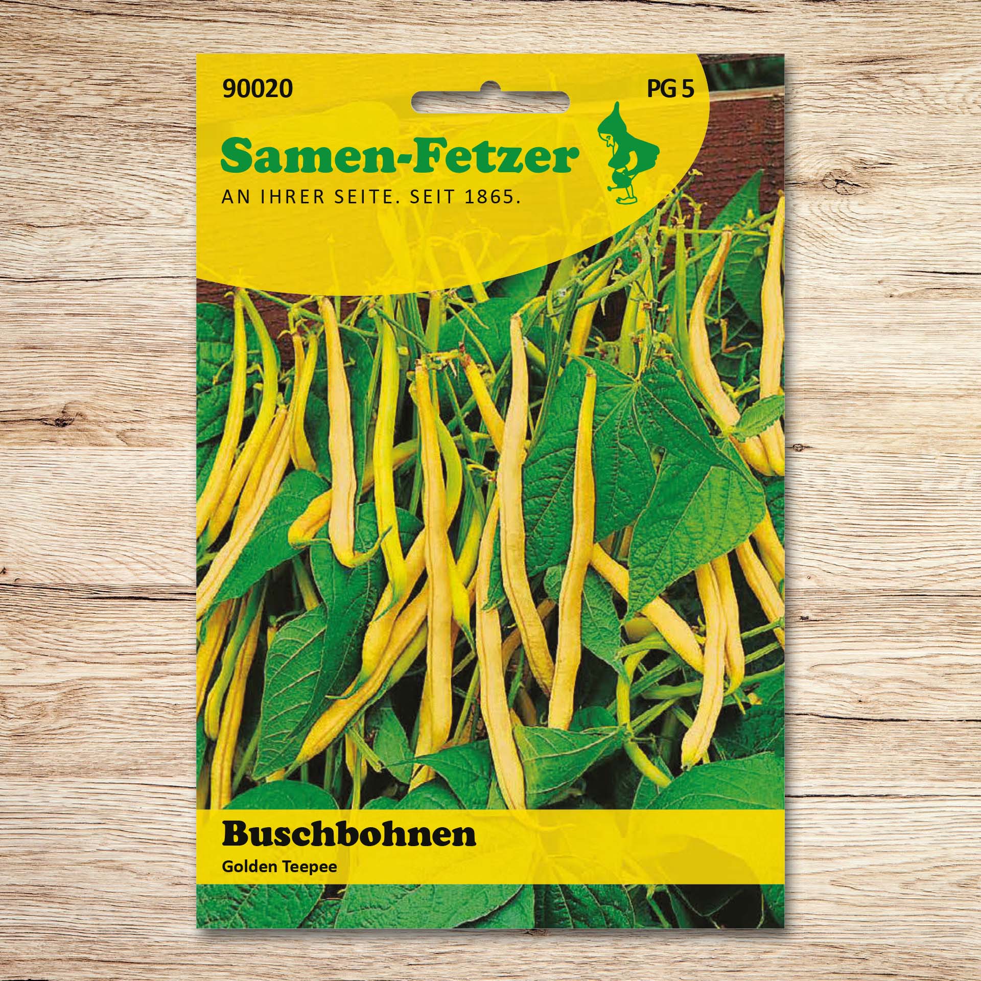 Saatgut Buschbohnen Golden Teepee von Samen-Fetzer, gelbe fadenlose Buschbohnen mit langen Hülsen über dem Laub, ideal für Freilandanbau und ertragreiche Ernte