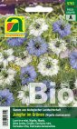 Saatgut-Packung 'Bio Jungfer im Grünen' mit Abbildung blau-weißer Nigella-Blüten, Bio-Label und Produktbild