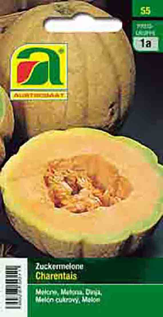 Saatgut Zuckermelone Charentais von Austrosaat, ganze und aufgeschnittene Melone mit orangem, süß-aromatischem Fruchtfleisch