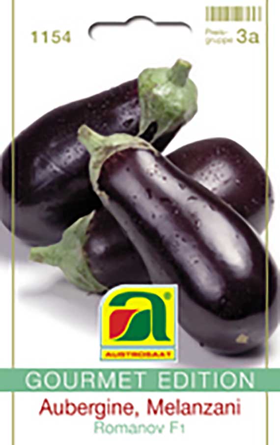 1154 Samenpackung für Aubergine (Melanzani) 'Romanov F1' – Gourmet Edition, zeigt mehrere glänzende dunkelviolette Früchte