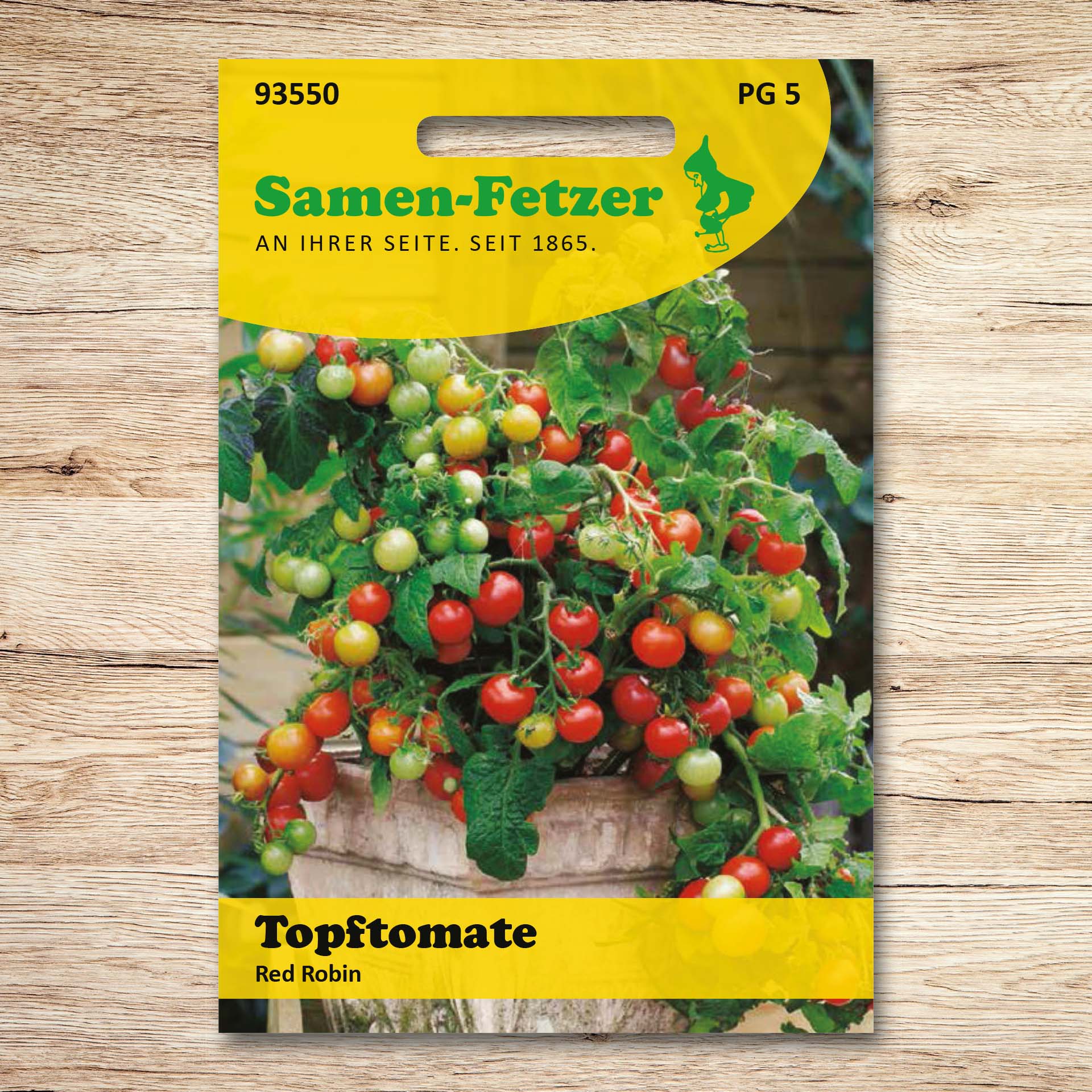 Samentüte der Topftomate Red Robin von Samen-Fetzer mit kompakter, reichtragender Pflanze im Topf und vielen roten, süßen, aromatischen Cherrytomaten – ideal für Balkonkästen, Töpfe und Hängeampeln