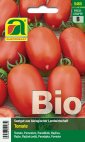 Bio-Saatgut Pflaumentomaten, rote ovale Früchte auf Samenpackung abgebildet, ertragreiche, aromatische Sorte für Freiland, Gewächshaus und Kübel