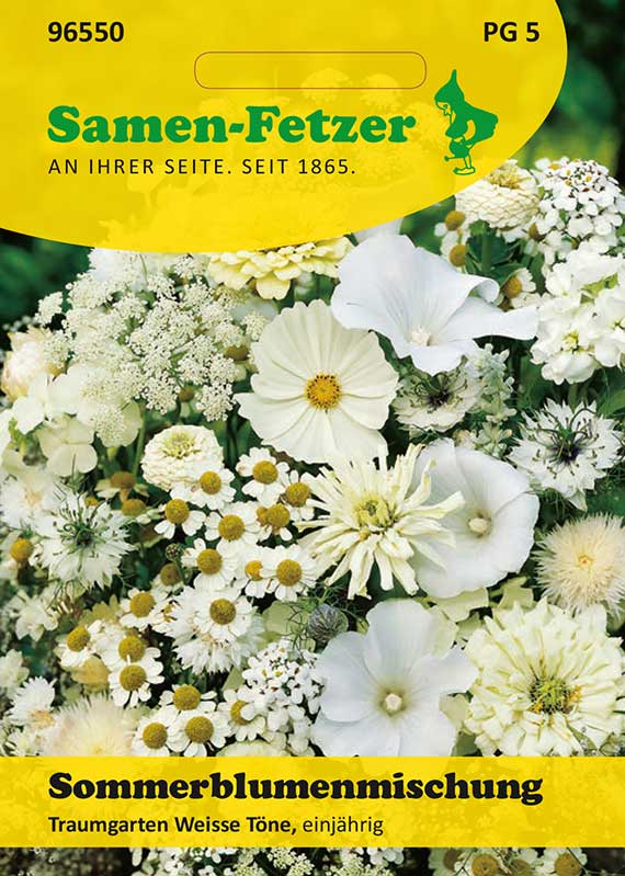Packung der Samen-Fetzer Sommerblumenmischung 'Traumgarten Weiße Töne' mit Abbildung verschiedener weißer Sommerblumen auf gelbem Verpackungsdesign