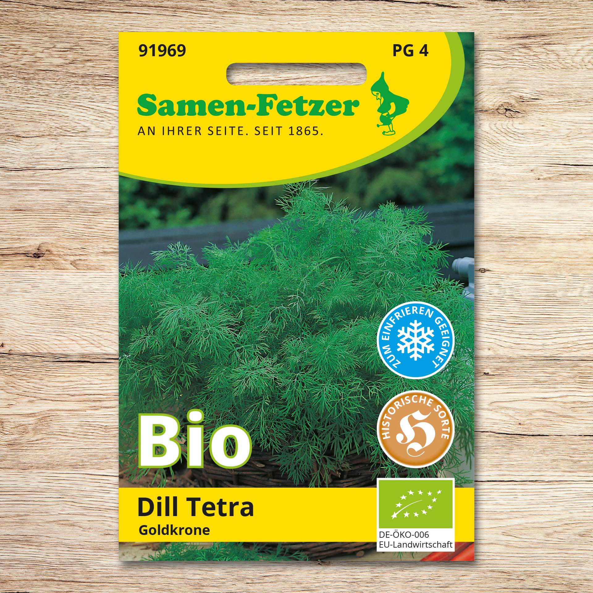 Saatgutpackung Samen-Fetzer Dill Tetra (Bio) Goldkrone mit dichtem, frischem Dillkraut; aromatische Bio-Dillsamen für Saucen, Salate, Fischgerichte, zum Einlegen und Tiefgefrieren