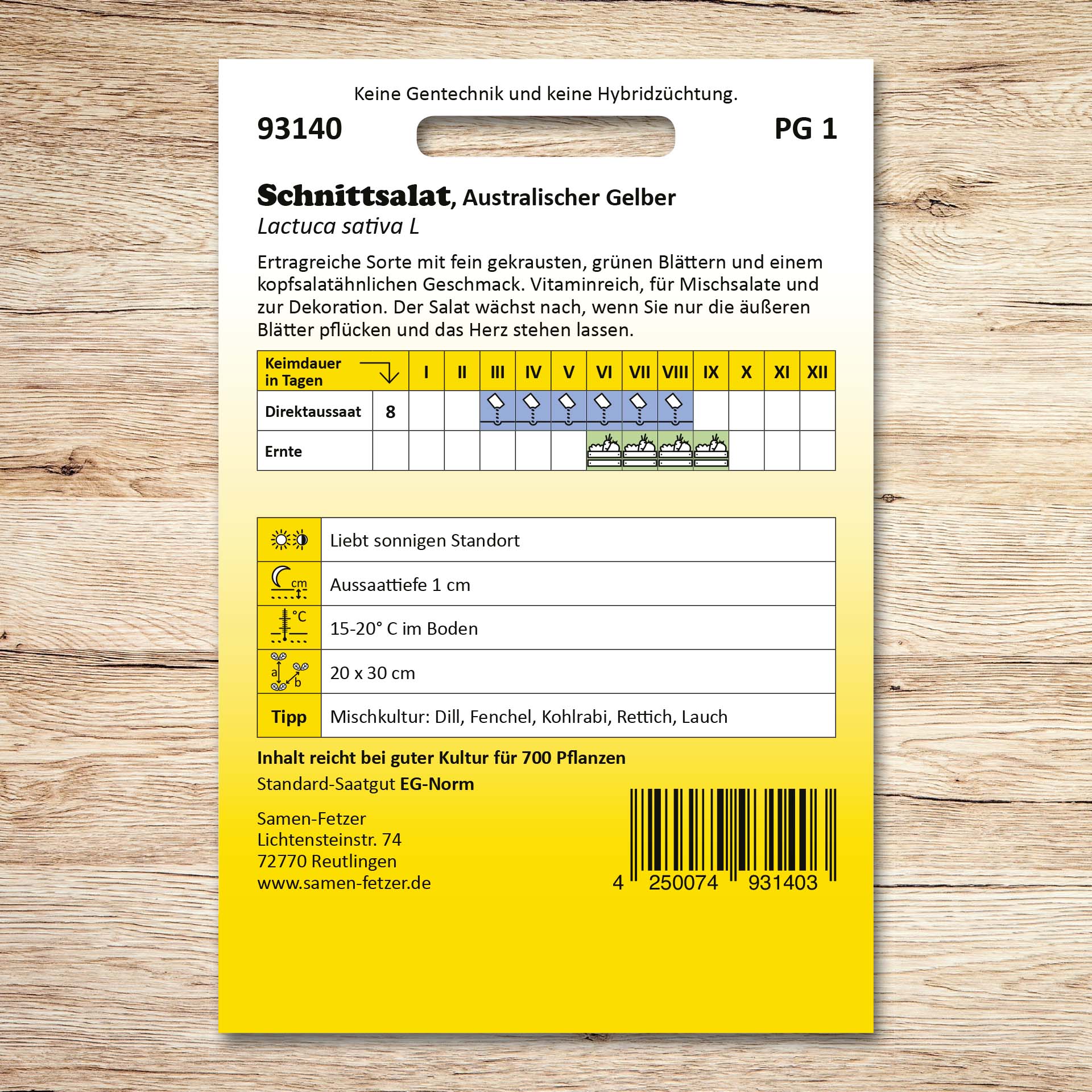 Rückseite der Samen-Fetzer Samentüte für Schnittsalat Australischer Gelber mit Aussaat- und Erntekalender, Anbauhinweisen sowie Infos zu vitaminreichem, ertragreichem Schnittsalat mit gekrausten grünen Blättern.