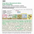 Saatgutpackung für Weiße Mauritanische Malve (Große Malve) mit Illustration blühender Pflanze, Samenabbildung und Aussaat-/Pflegehinweisen