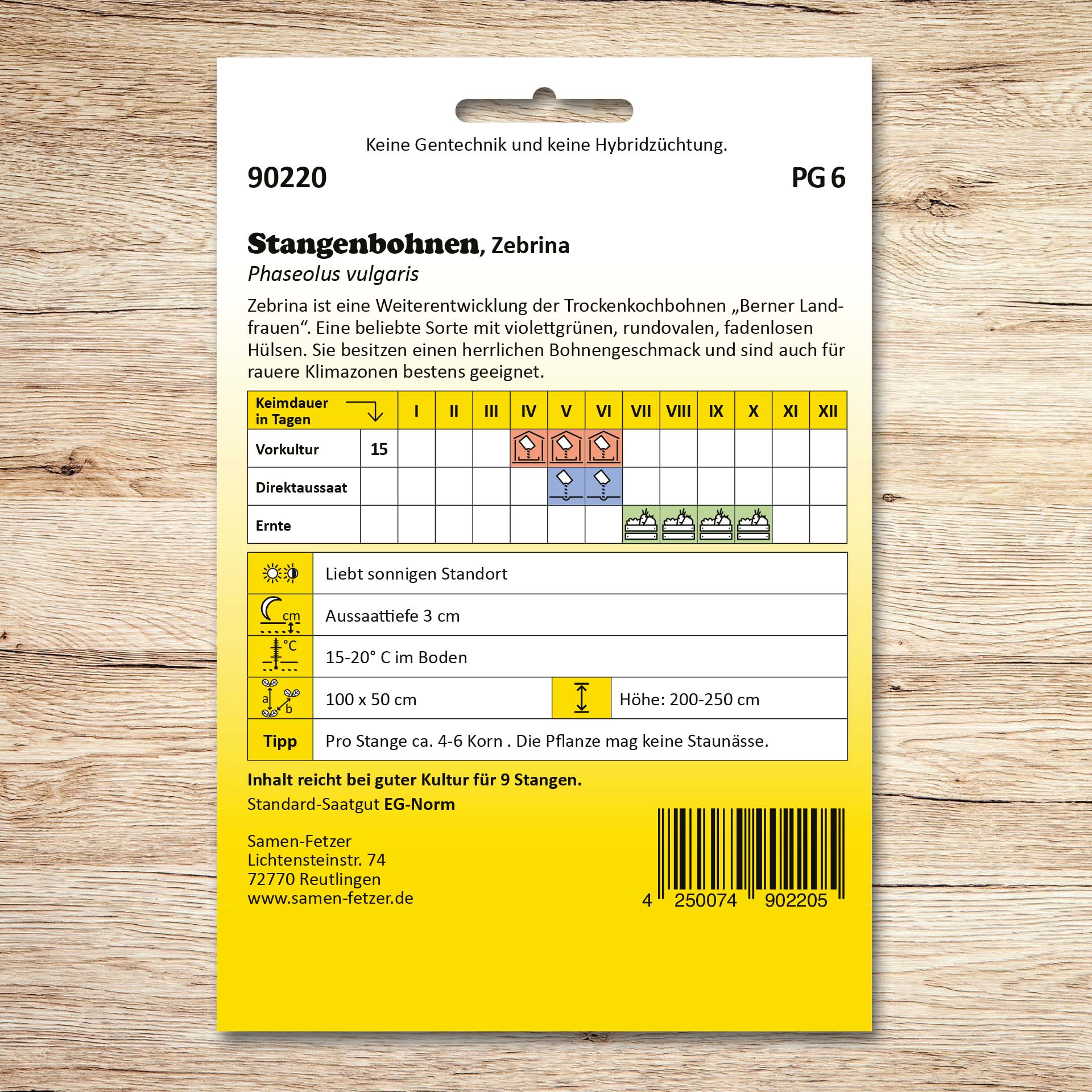 Rückseite der Samenpackung Stangenbohnen Zebrina von Samen-Fetzer mit Aussaatkalender und Infos zu fadenlosen, violett-grünen Hülsen für hohe Erträge, kräftigen Bohnengeschmack und Eignung für raue Klimazonen