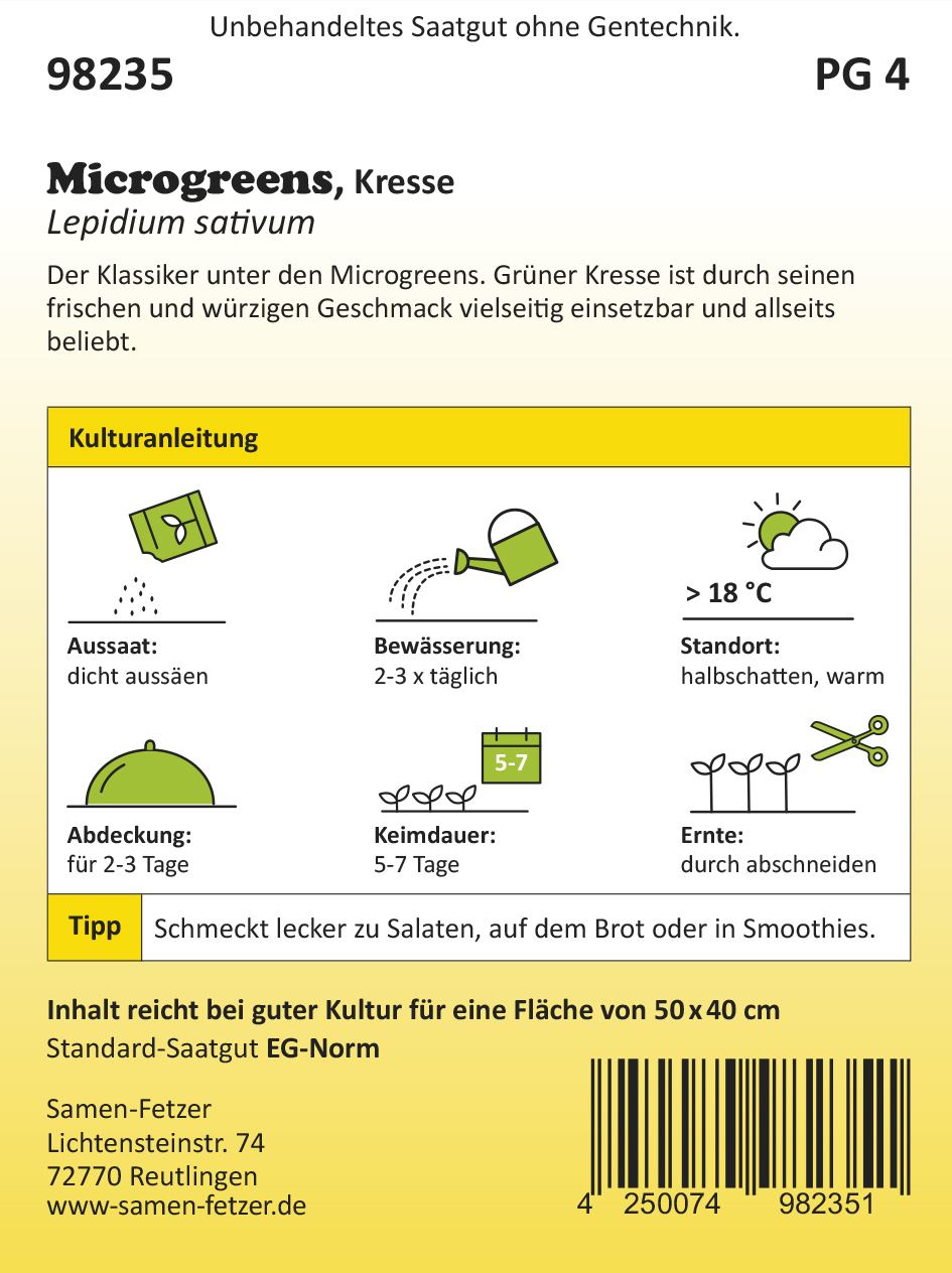 98235_Microgreens_2023_RS Vorderseite einer Saatgut-Packung für Microgreens Kresse (Lepidium sativum) mit Illustrationen und Kulturanleitung: dicht aussäen, Abdeckung 2-3 Tage, Bewässerung 2-3× täglich, Keimdauer 5-7 Tage, Standort halbschattig >18 °C, Ernte durch Abschneiden.