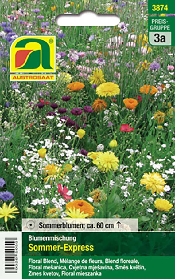 Saatgut-Tütchen der Marke Austrosaat: Blumenmischung 'Sommer-Express' mit bunten Sommerblumen (Blütenhöhe ca. 60 cm)
