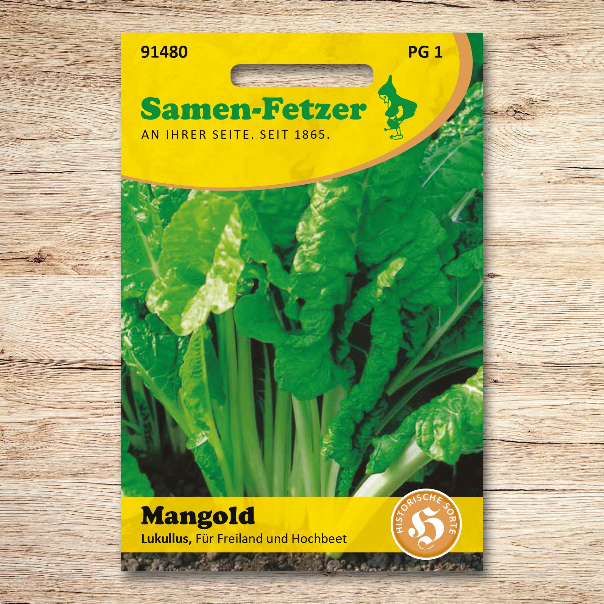 Saatgutpackung Samen-Fetzer für gelben Mangold Lukullus mit krausblättrigem Schnittmangold, feinen Stielen und historischer Sorte für Freiland und Hochbeet