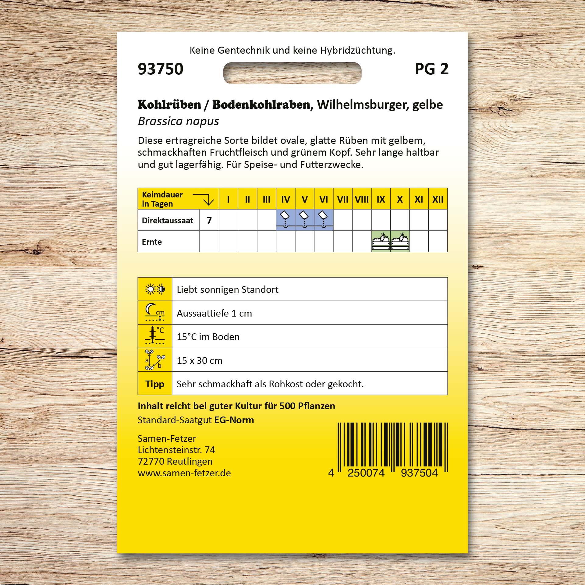 Rückseite der Samentüte Bodenkohlraben Gelbe Wilhelmsburger von Samen-Fetzer mit Aussaat- und Erntekalender sowie Angaben zur historischen, lagerfähigen Kohlrübensorte mit gelbem Fruchtfleisch.