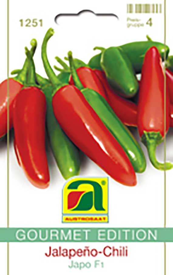 Verpackung für Jalapeño-Chili-Samen (Japo F1, Gourmet Edition) mit mehreren grünen und reifen roten Jalapeño-Schoten auf dem Foto