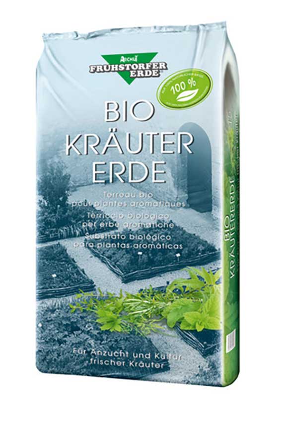 Beutel der Frühstorfer Bio Kräuter Erde mit Markenlogo und 100%-Siegel, Anzucht- und Kultursubstrat für aromatische Kräuter (Frontansicht)