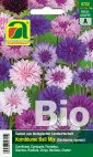Packung Saatgut: Bio-Kornblumen-Mischung mit violetten, rosa und weißen Blüten auf grünem Hintergrund; Packungsdesign mit BIO-Kennzeichnung und Markenlogo