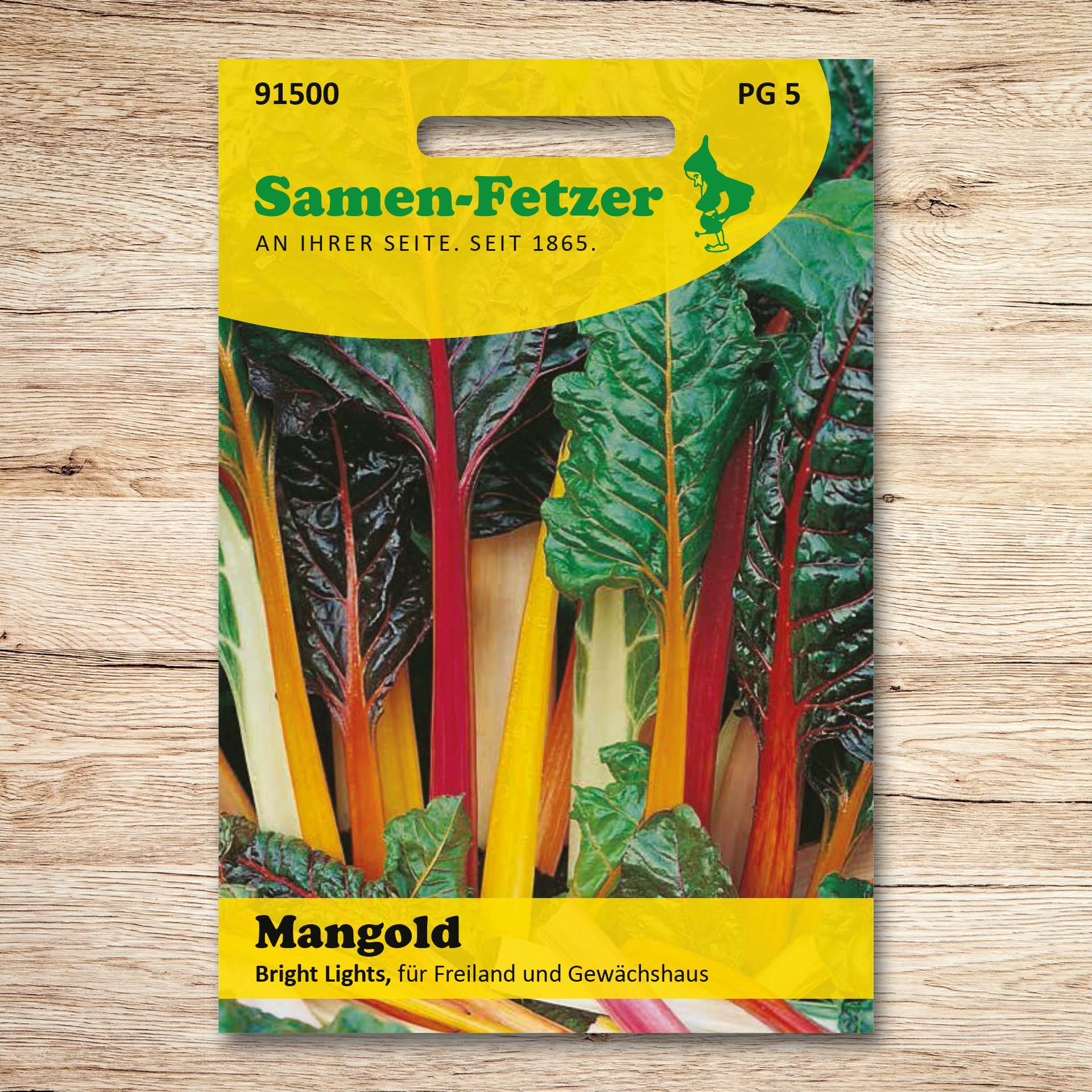 Saatgutpackung Mangold Bright Lights von Samen-Fetzer mit bunten Stielen in Gelb, Rot, Orange und Weiß – Teil des Samen-Sortiments Fetzers Hochbeet Sommer Set für frische Sommerernte im Hochbeet