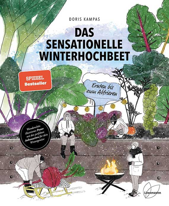 Buchcover-Illustration: winterliches Hochbeet mit großen Gemüsepflanzen und Wurzelgemüse, mehrere Personen beim Ernten und am Feuer, Lichterkette, 'SPIEGEL Bestseller'-Badge und Titel.