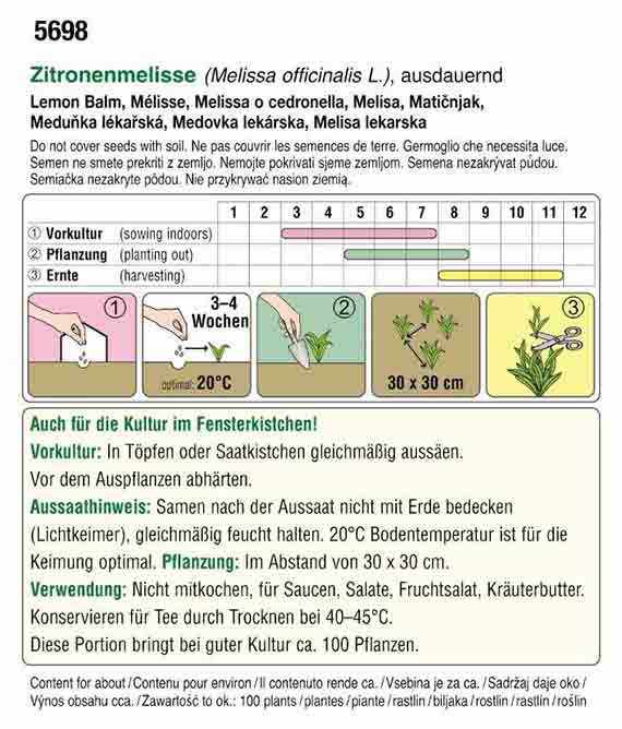 Vorderseite einer Saatguttüte für Zitronenmelisse (Melissa officinalis) mit mehrsprachigen Hinweistexten und Symbolen zu Vorkultur, Pflanzung und Ernte; Angaben: Samen nicht mit Erde bedecken, Keimdauer 3–4 Wochen, 20°C, Abstand 30×30 cm.