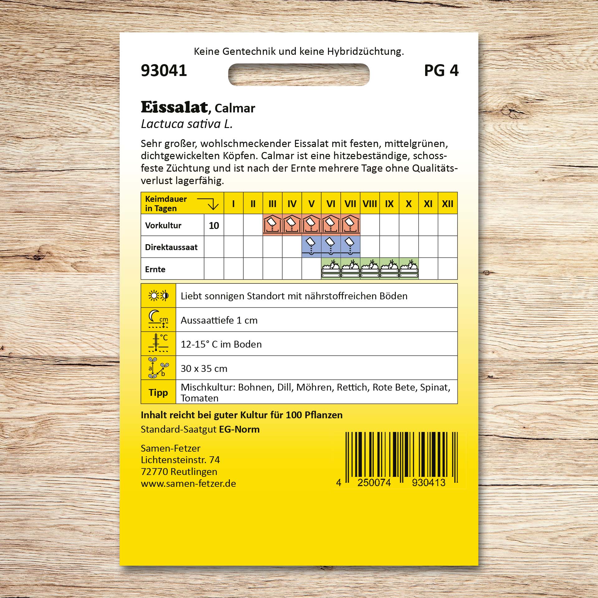 Rückseite der Saatgutpackung Eissalat Calmar von Samen-Fetzer mit Aussaat- und Erntekalender für großen, knackigen, hitzebeständigen und schossfesten Eissalat in Profi-Qualität.