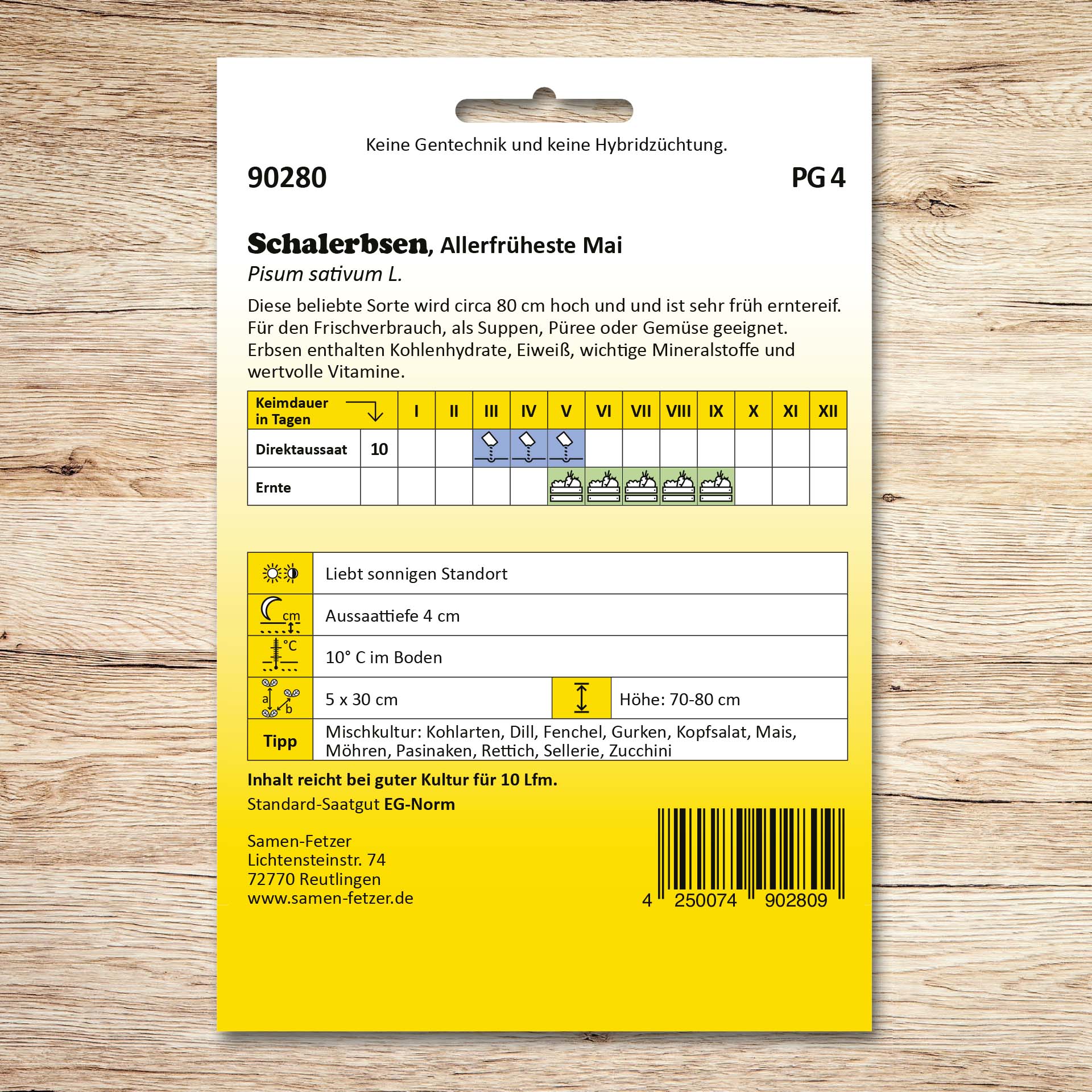 Rückseite der Samen-Fetzer Saatgutpackung Schalerbsen Allerfrüheste Mai mit Aussaat- und Erntekalender, Pflanzabstand, Aussaattiefe und Hinweisen zur frühen, etwa 80 cm hohen Erbsensorte.