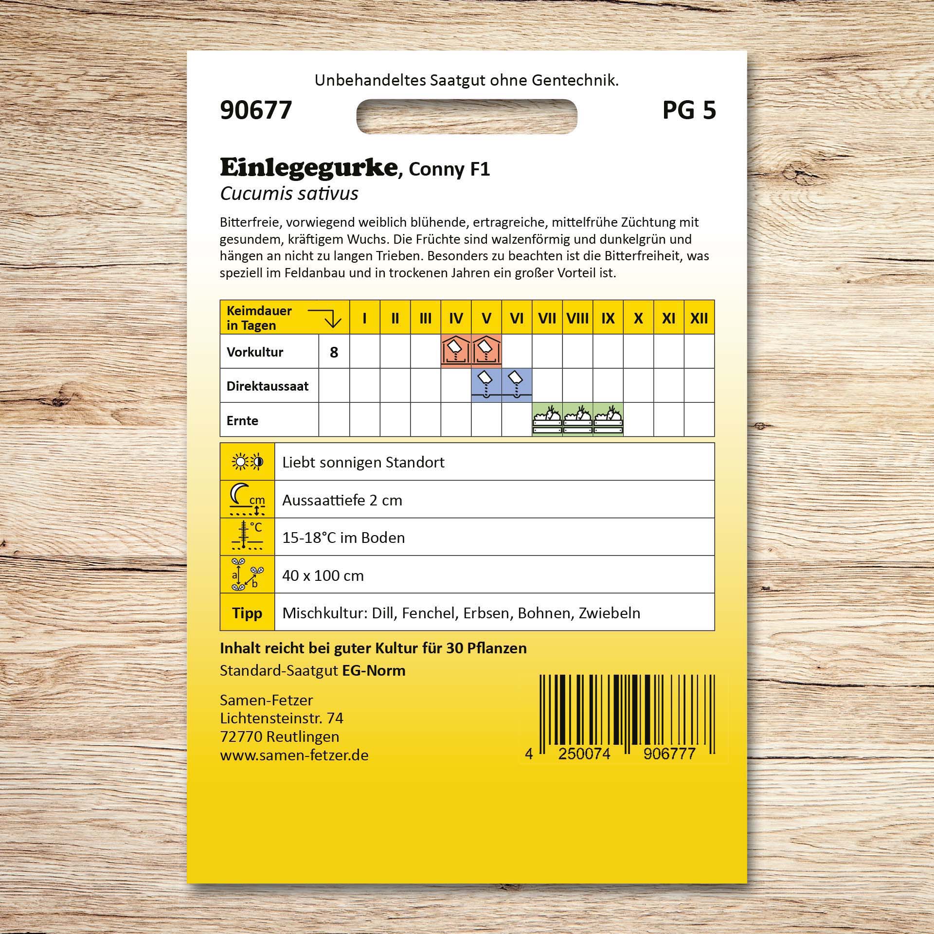 Rückseite der Samenpackung Einlegegurken Conny F1 von Samen-Fetzer mit Aussaat- und Erntekalender für bitterfreie, dunkelgrüne, ertragreiche Einlegegurken.