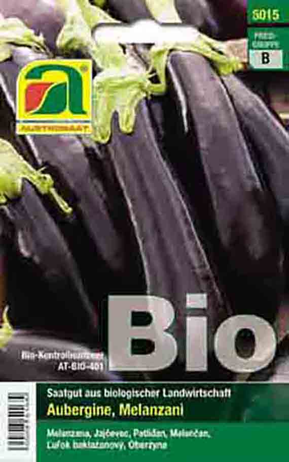 5015 Verpackung für Bio-Auberginen-Saatgut (Melanzani) mit Foto dunkler länglicher Auberginen, großem Schriftzug 'Bio' und Hinweis 'Saatgut aus biologischer Landwirtschaft'.