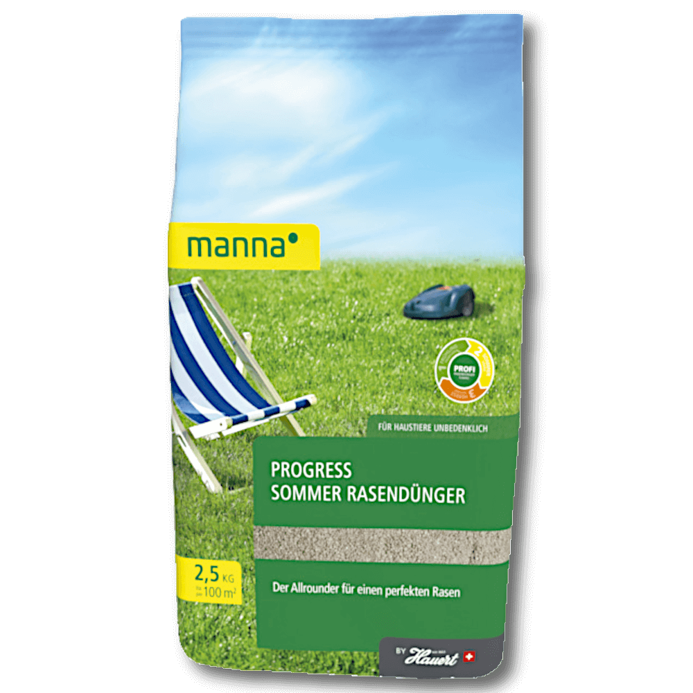 Packung 'manna Progress Sommer Rasendünger' 2,5 kg, grüne Verpackung mit Liegestuhl, Rasenfläche und Mähroboter, ergiebig für ca. 100 m²