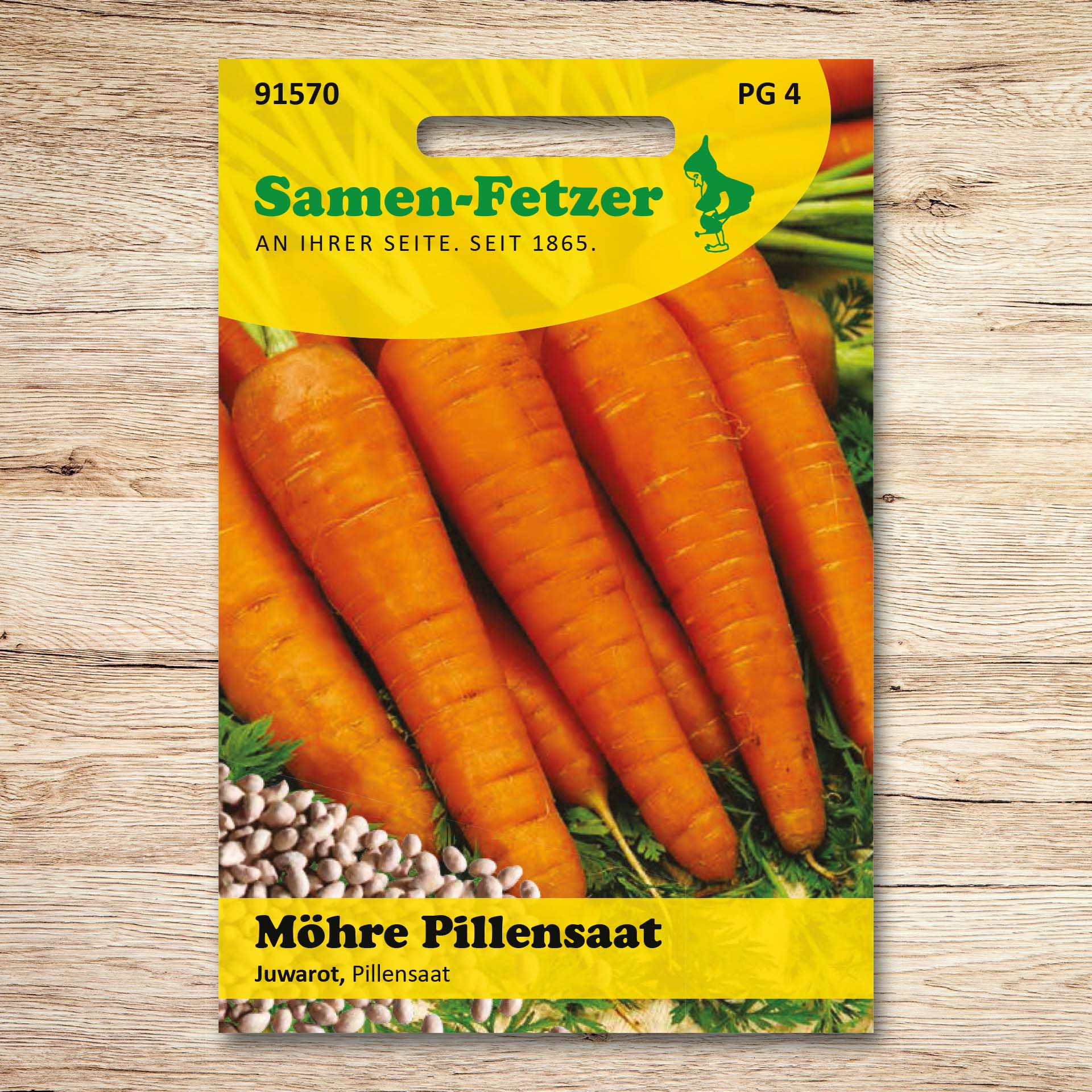 Saatgutpackung Möhren Pillensaat „Juwarot“ von Samen-Fetzer mit kräftig orangeroten Karotten, mittelfrüh bis spät, wohlschmeckend und carotinreich.