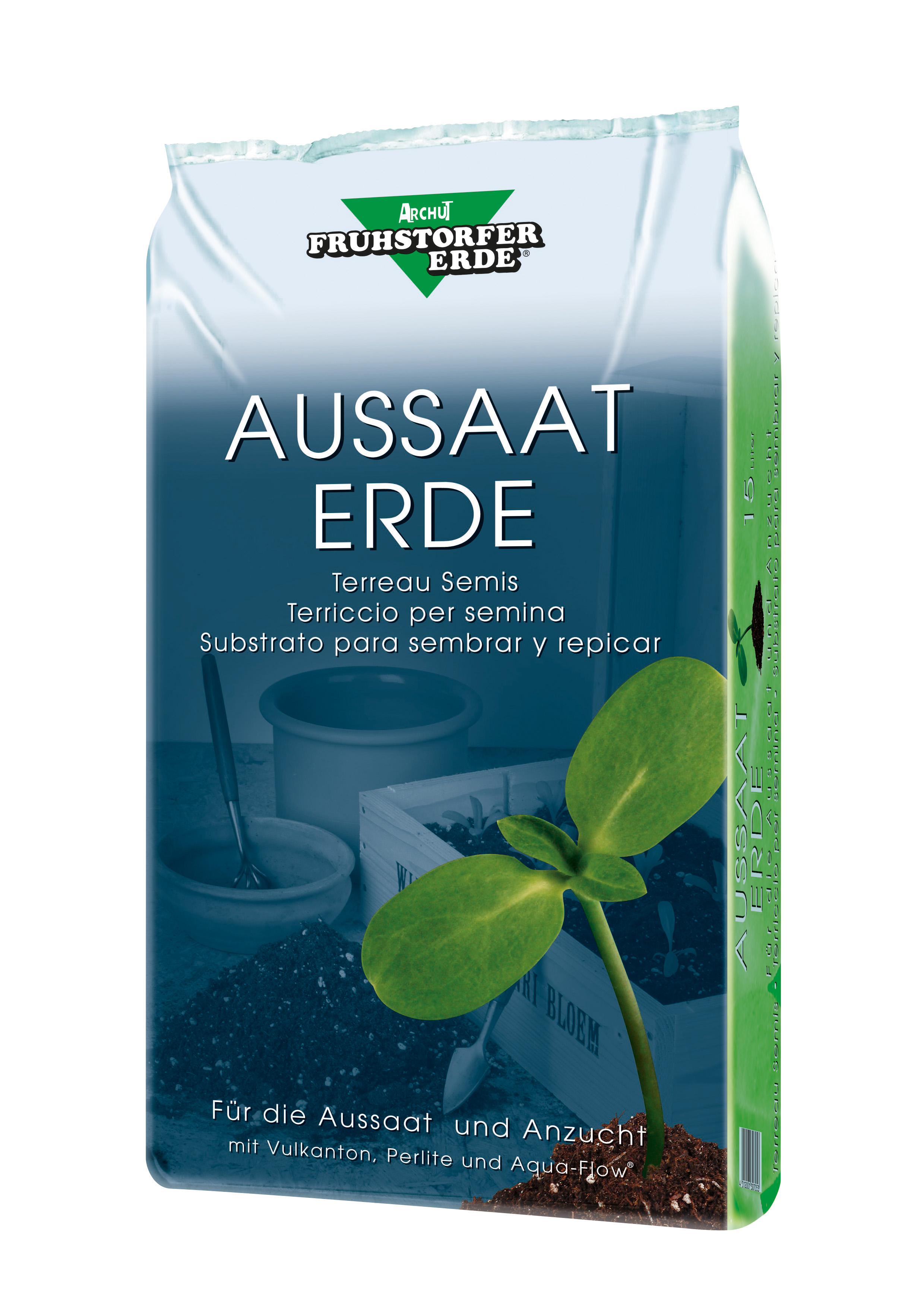 Packung Frühstorfer Aussaat-Erde (15 L) auf weißem Hintergrund; blaues Verpackungsdesign mit großem Schriftzug 'Aussaat Erde' und grünem Keimling im Vordergrund
