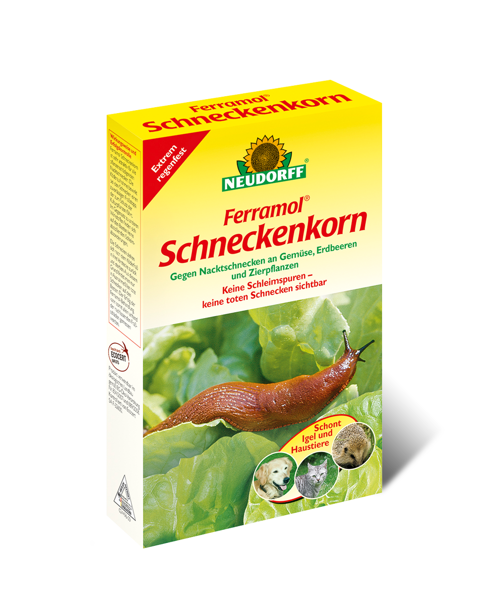 Verpackung von Neudorff Ferramol Schneckenkorn auf grünem Salat, mit großem Nacktschnecken-Motiv und Hinweis 'Schont Igel und Haustiere'